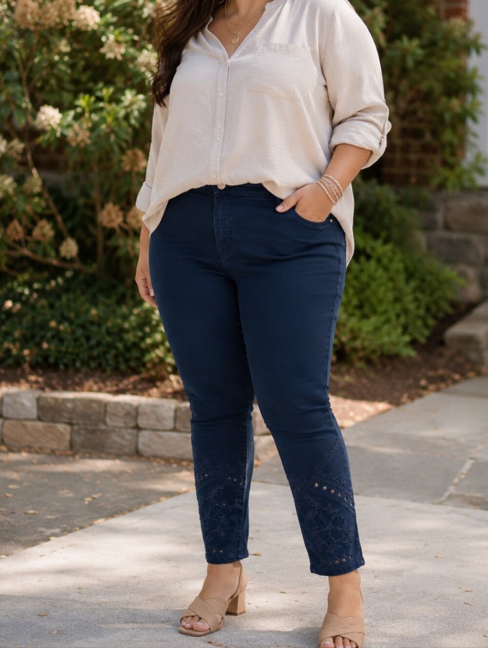 Tribal Plus Size Dark Wash Embroidered Ankle Jeggings Stretch Jeans Boho Coastal